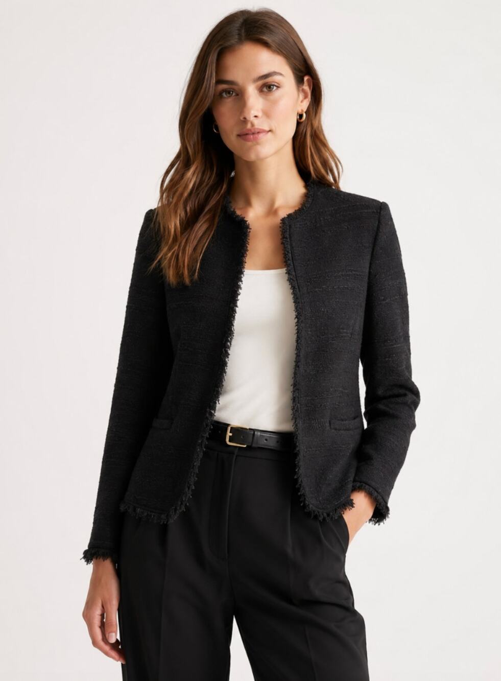 Banana Republic Women's Black Preppy Academia Minimalist Cotton Tweed Blazer 6
